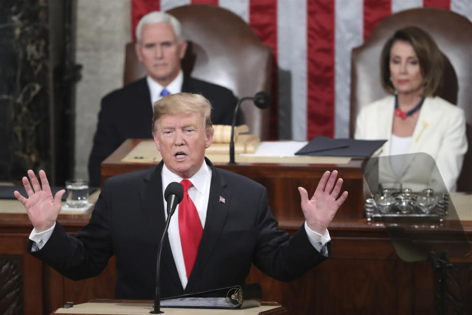 Donald Trump with Mike Pence and Nancy Pelosi