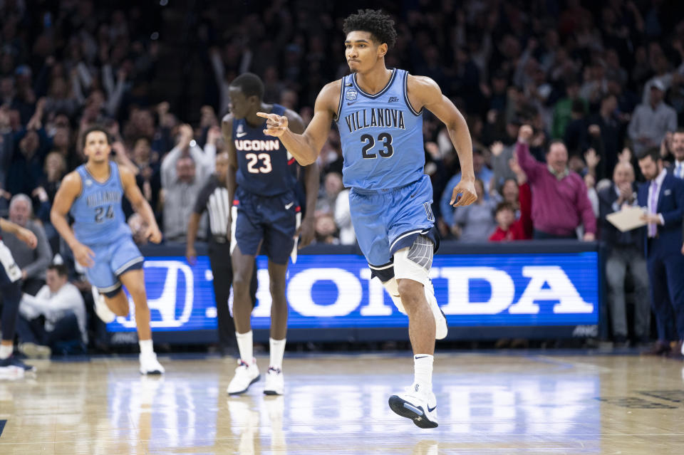 Villanova's Jermaine Samuels reacts to his basket during the second half of an NCAA college basketball game against Connecticut, Saturday, Jan. 18, 2020, in Philadelphia. Villanova won 61-55. (AP Photo/Chris Szagola)