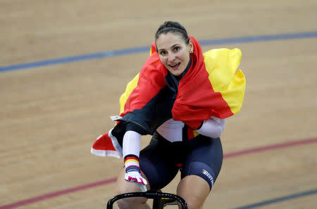 Cycling - UCI Track World Championships - Women's Sprint, Final - Hong Kong, China - 14/4/17 - Germany's Kristina Vogel celebrates after winning gold. REUTERS/Bobby Yip