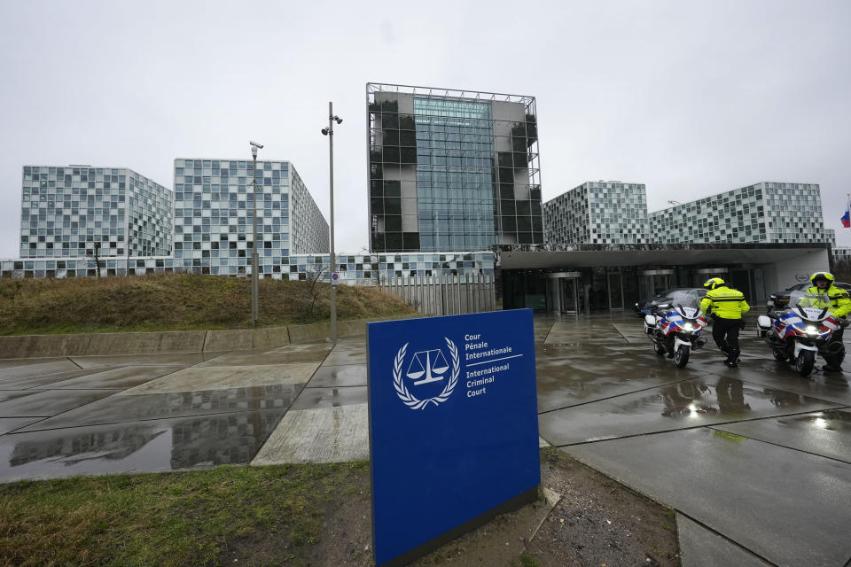 The International Criminal Court is pictured at The Hague, Netherlands, before a nearby demonstration of representatives of families of hostages from the Oct. 7 cross-border attack by Hamas on Israel, Wednesday, Feb. 14, 2024. The Hostages Families Forum together with the Raoul Wallenberg Center for Human Rights want to submit a comprehensive complaint to the International Criminal Court on behalf of released hostages and families of hostages, including the issuance of arrest warrants for Hamas leaders on war crimes allegations including taking hostages, enforced disappearances, sexual violence and torture. (AP Photo/Martin Meissner)