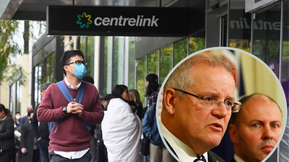 A long queue at Centrelink with Scott Morrison and Josh Frydenberg in inset.