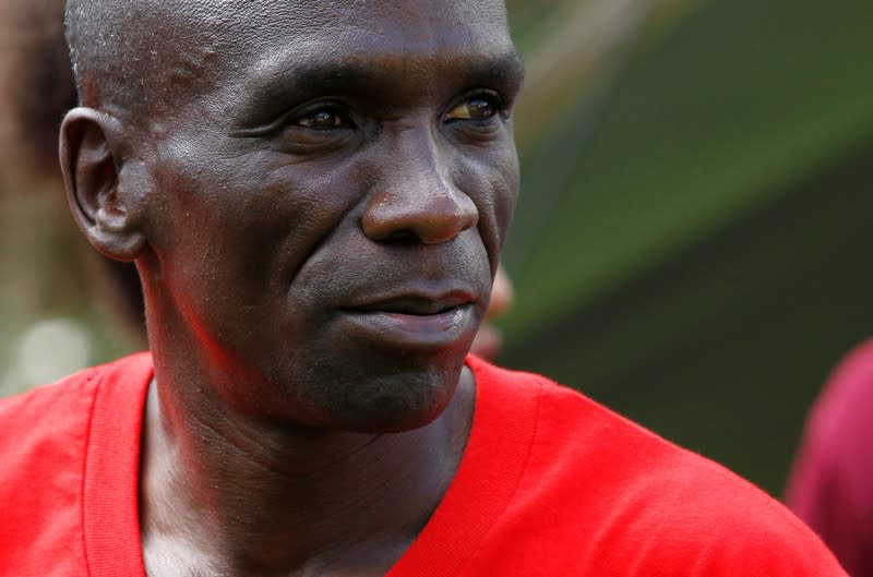 Kenya's Eliud Kipchoge, the marathon world record holder, is seen among athletic enthusiasts at the Karura forest in Nairobi