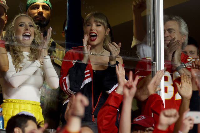 <p>Jamie Squire/Getty Images</p> Brittany Mahomes, Taylor Swift, Ed Kelce