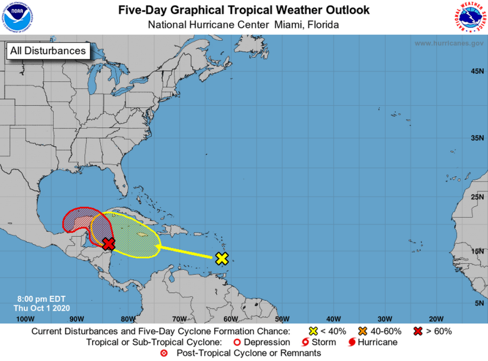 Forecasters are monitoring two tropical waves Thursday and one of them could turn into a tropical depression as it moves through the Caribbean Sea this weekend. The other wave, east of the Lesser Antilles, could also see some development in the next five days though forecasters say its chances are much lower.