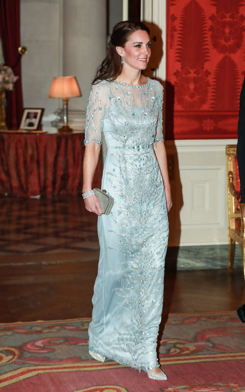 Kate wearing Jenny Packham in Paris - Credit: Rex