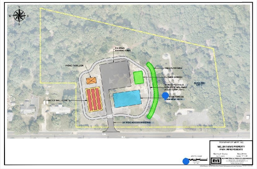 Proposed improvements to the site include bocce ball courts, a picnic pavilion, an outdoor fitness equipment area, a flower garden and tree plantings.