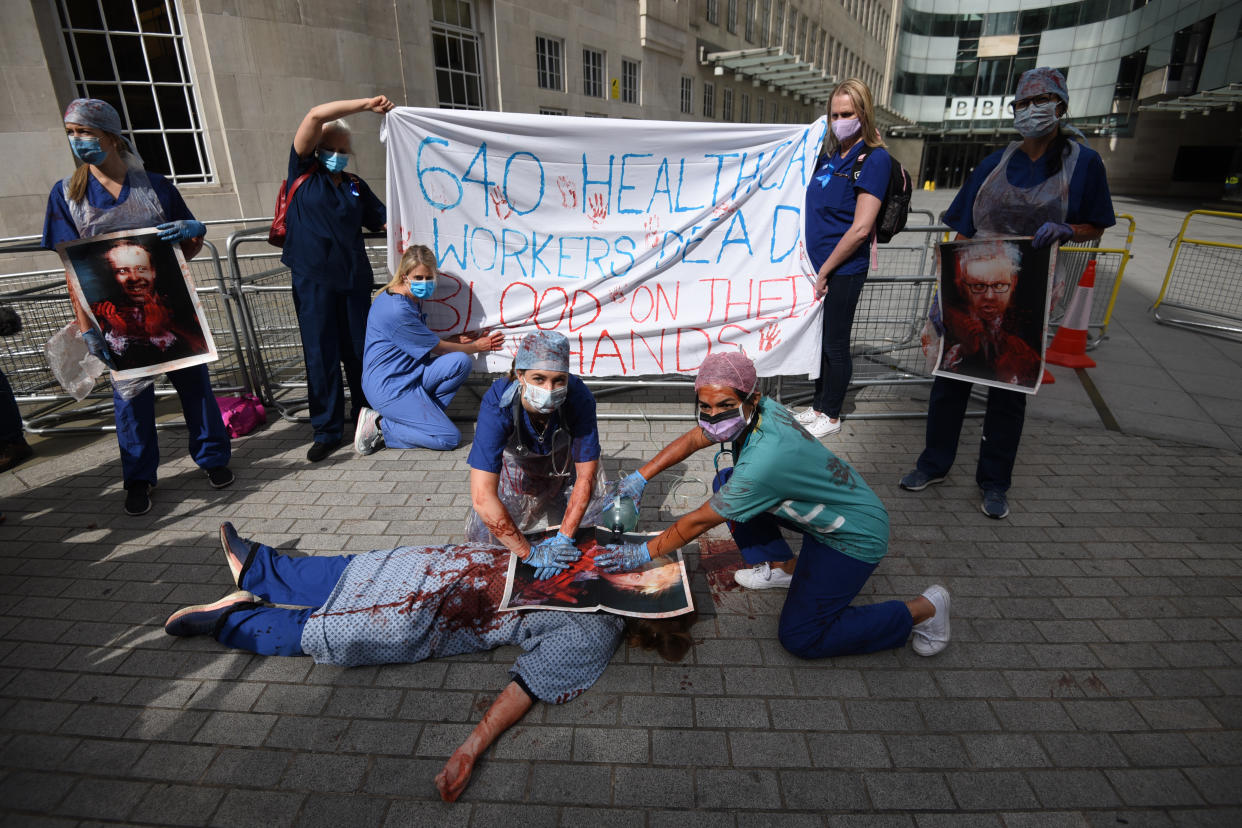 LONDON, ENGLAND - SEPTEMBER 12: NHS workers attend the 'March for Pay' Demonstration outside the BBC Broadcasting House in London, United Kingdom on September 12, 2020. (Photo by Kate Green/Anadolu Agency via Getty Images)