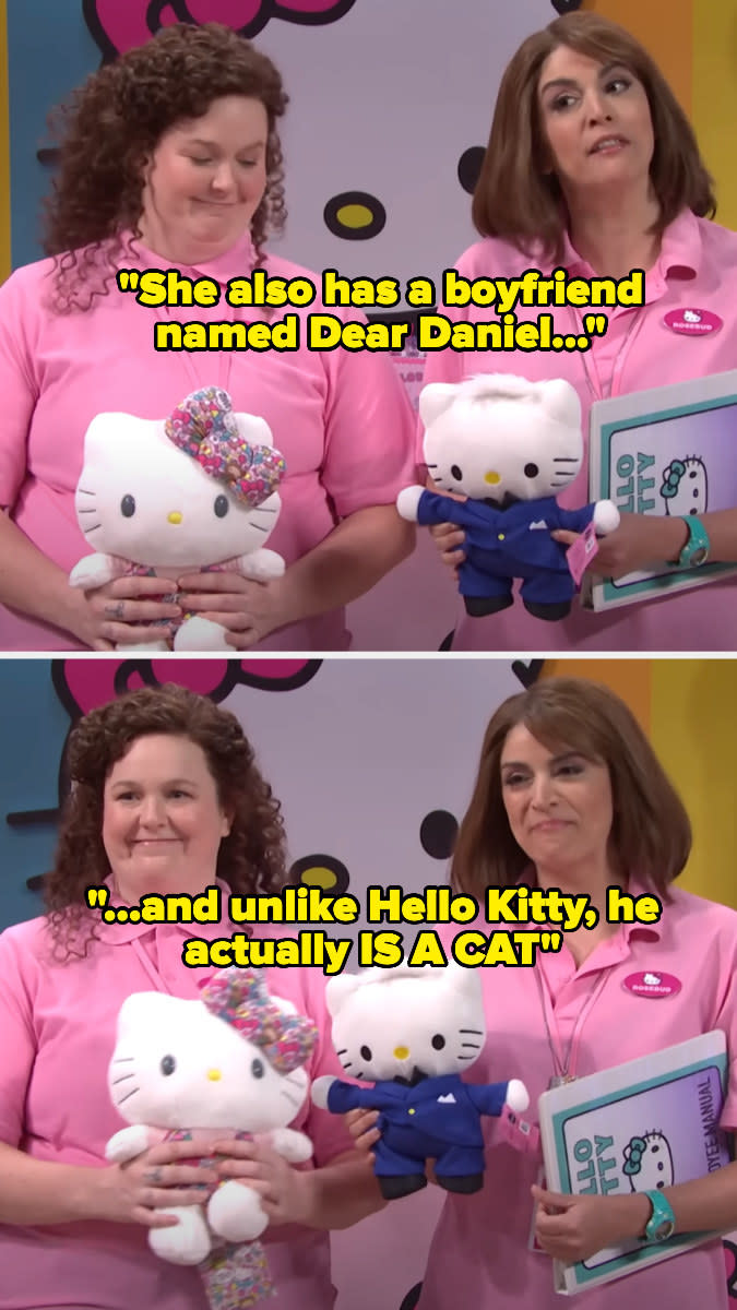 the manager saying, "She also has a boyfriend named Dear Daniel and unlike Hello Kitty he actually is a cat"