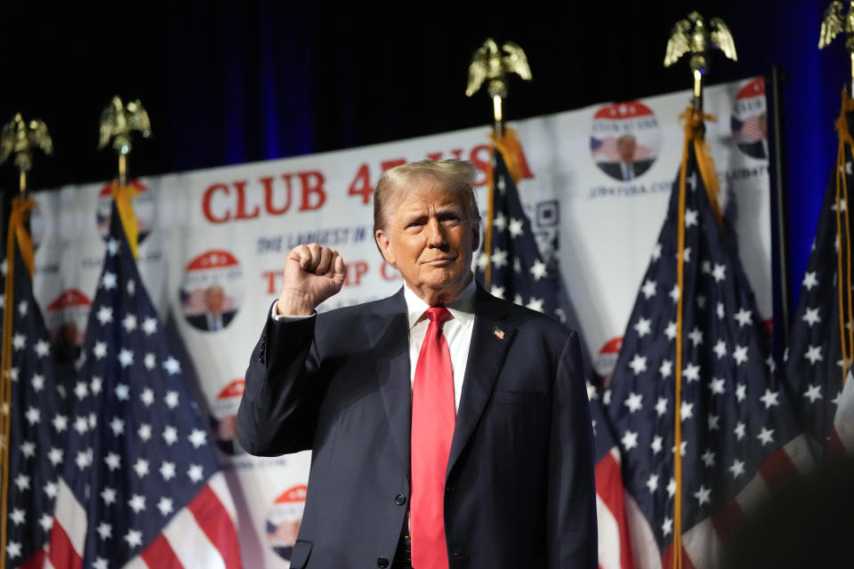 Republican presidential candidate former President Donald Trump arrives to speak Wednesday, Oct. 11, 2023, at Palm Beach County Convention Center in West Palm Beach, Fla. (AP Photo/Rebecca Blackwell)