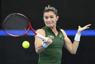 Marcela Zacarias of Mexico plays a forehand to Taylah Preston of Australia during their Billie Jean King Cup tennis match in Brisbane, Saturday, April 13, 2024. (Darren England/AAP Image via AP)