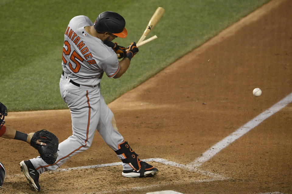 Baltimore Orioles' Anthony Santander breaks his bat during the ninth inning of a baseball game against the Washington Nationals, Friday, May 21, 2021, in Washington. (AP Photo/Nick Wass)