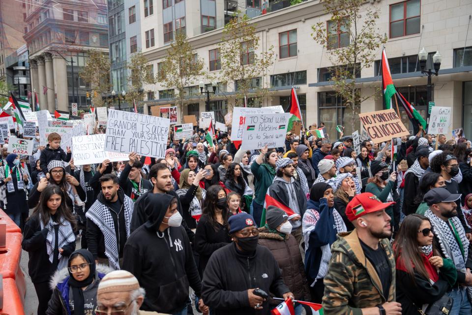 A crowd of several hundred people participated in the "All Out For Gaza" rally on Saturday at the Ohio Statehouse. They marched along High Street through Downtown and the Short North for a second, shorter rally at West 2nd Avenue before returning to the Statehouse.