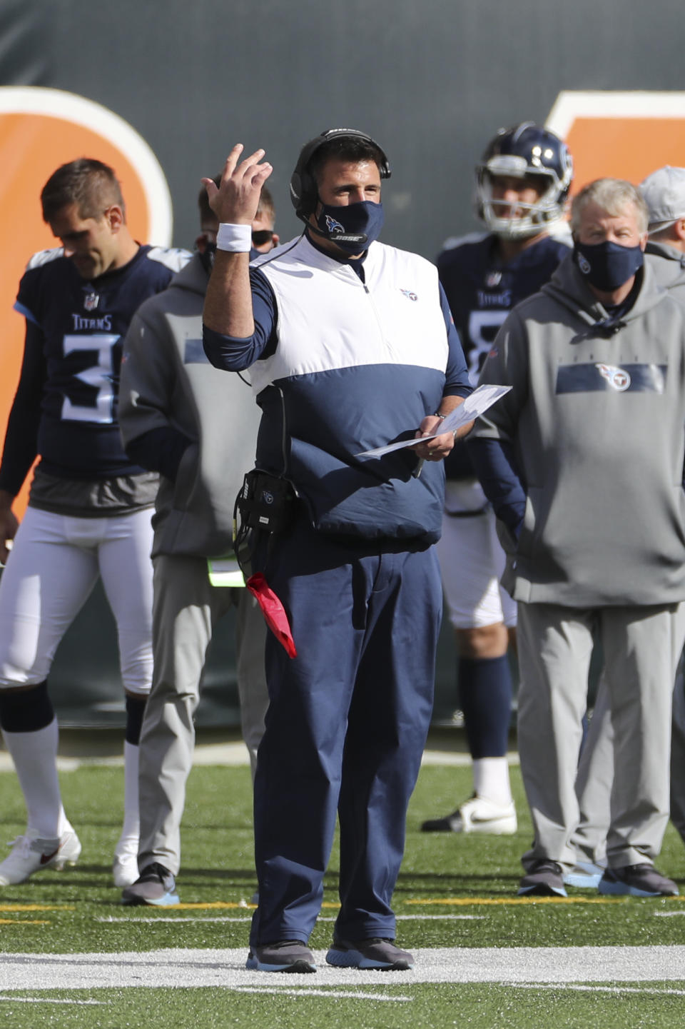 Tennessee Titans head coach Mike Vrabel questions a call during the first half of an NFL football game against the Cincinnati Bengals, Sunday, Nov. 1, 2020, in Cincinnati. (AP Photo/Jay LaPrete)