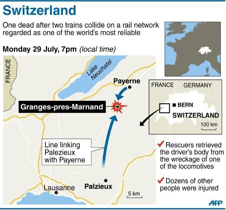 Map locating a collision between two trains near Granges-pres-Marnand in western Switzerland. Swiss investigators Tuesday pointed to signal-jumping as the likely cause of the head-on train collision in the west of the country that killed a driver and injured 26 other people