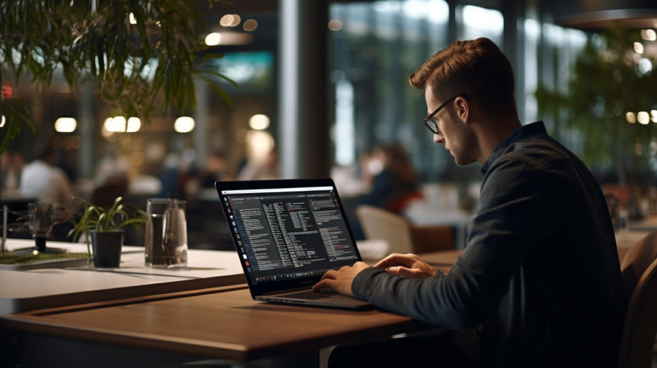 A software engineer debugging a compliance code on a laptop in a modern office setting.