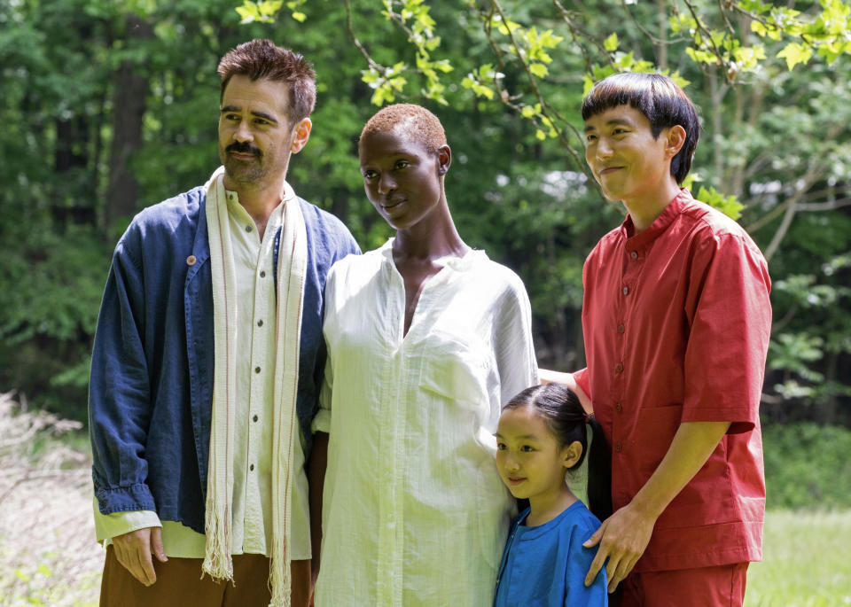 Colin Farrell as Jake, Jodie Turner-Smith as Kyra, Malea Emma Tjandrawidjaja as Mika and Justin H. Min as Yang in After Yang.  (Cinematic Sky)
