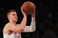 Nov 20, 2017; New York, NY, USA; New York Knicks forward Kristaps Porzingis (6) shoots on a technical during the fourth quarter against the LA Clippers at Madison Square Garden. Anthony Gruppuso-USA TODAY Sports