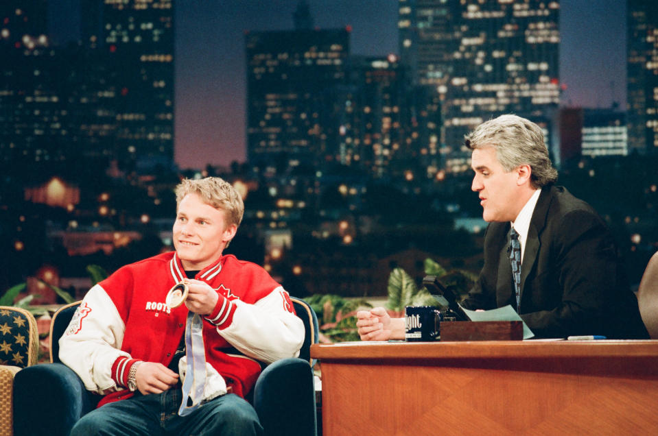 Canadian snowboarder Ross Rebagliati during an interview with host Jay Leno on February 16, 1998. (Photo by: Margaret Norton/NBC/NBCU Photo Bank)