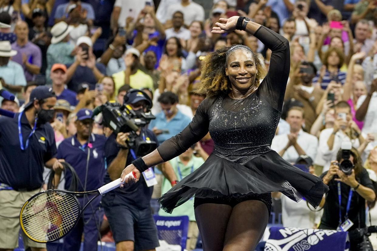 Serena Williams, of the United States, waves to the crowd after defeating Danka Kovinic, of Montenegro, during the first round of the U.S. Open tennis championship on Monday, Aug. 29, 2022, in New York.