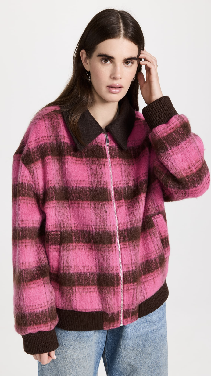 brunette model wearing pink and brown check Line & Dot Luno Jacket (photo via Shopbop)