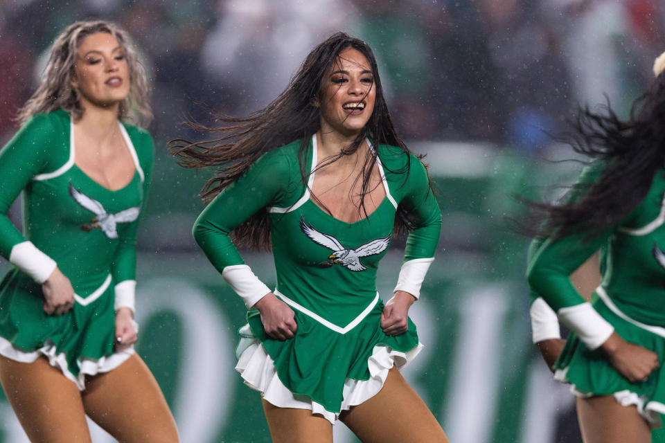 Nov 26, 2023; Philadelphia, Pennsylvania, USA; Philadelphia Eagles cheerleaders perform during the first quarter against the <a class="link " href="https://sports.yahoo.com/nfl/teams/buffalo/" data-i13n="sec:content-canvas;subsec:anchor_text;elm:context_link" data-ylk="slk:Buffalo Bills;sec:content-canvas;subsec:anchor_text;elm:context_link;itc:0">Buffalo Bills</a> at Lincoln Financial Field. Mandatory Credit: Bill Streicher-USA TODAY Sports