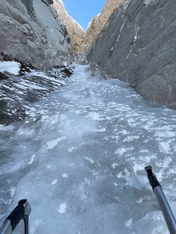 Midway up the "interminable ice goulotte" in the lower portion of the Supercanaleta.