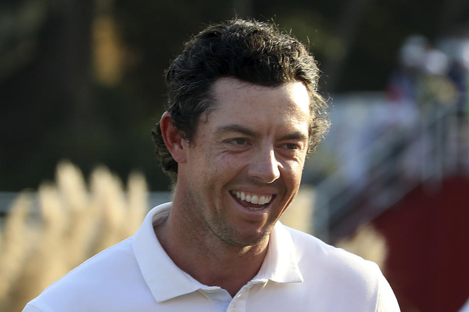 Rory McIlroy of Northern Ireland reacts after winning the HSBC Champions golf tournament at the Sheshan International Golf Club in Shanghai on Sunday, Nov. 3, 2019. (AP Photo/Ng Han Guan)