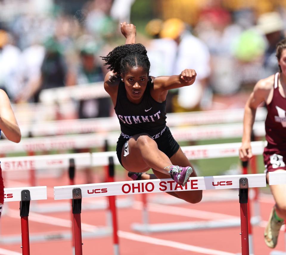 Summit Khamia Brooks competes in the 100-meter hurdles at the OHSAA state track meet at Jesse Owens Memorial Stadium, Friday, June 3, 2022.