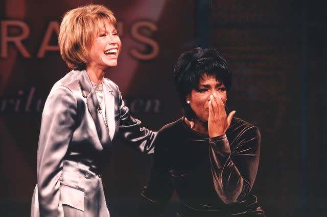 <p>George Burns/Harpo Productions</p> (L-R) Mary Tyler Moore and Oprah Winfrey on 'The Oprah Winfrey Show' in 1997.