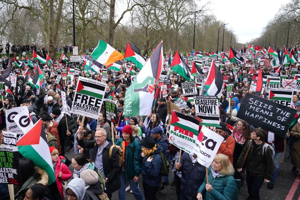 The Israel/Hamas conflict has spilled over into the UK’s domestic politics as protesters demand the government back an immediate ceasefire in the region (PA Wire)