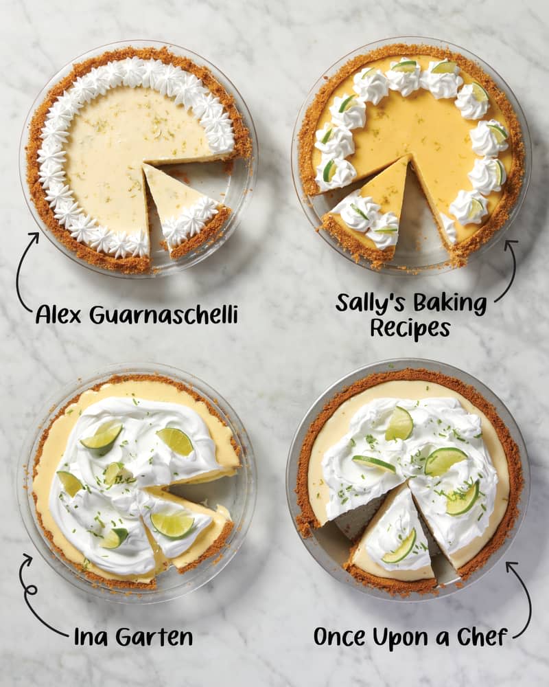 four key lime pies recipes labeled in their dishes, each with a slice missing and another one separated from the rest of the pie on a marble surface