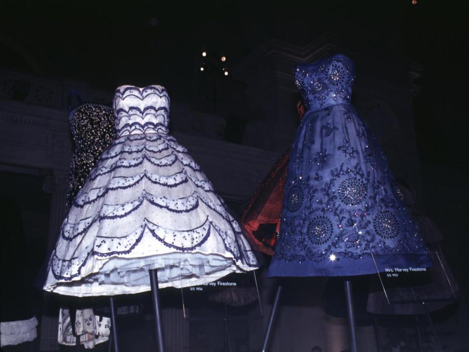 A group of dresses on display at the 1996 Met Gala.