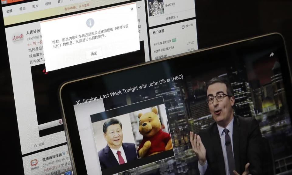 A screen shows a failure message in Chinese on a search for footage of John Oliver comparing Xi to Winnie the Pooh.