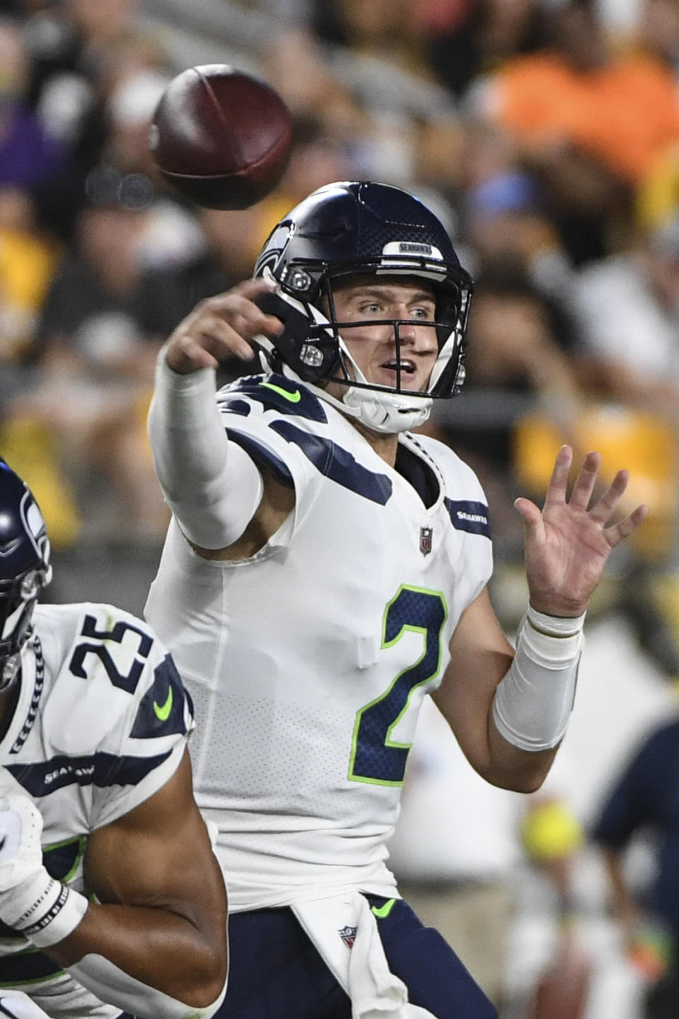 Seattle Seahawks quarterback Drew Lock (2) throws a pass against the Pittsburgh Steelers during the second half of an NFL preseason football game Saturday, Aug. 13, 2022, in Pittsburgh. (AP Photo/Barry Reeger)
