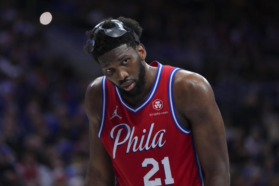 PHILADELPHIA, PA - MAY 08: Joel Embiid #21 of the Philadelphia 76ers looks on against the Miami Heat during Game Four of the 2022 NBA Playoffs Eastern Conference Semifinals at the Wells Fargo Center on May 8, 2022 in Philadelphia, Pennsylvania. The 76ers defeated the Heat 116-108. NOTE TO USER: User expressly acknowledges and agrees that, by downloading and or using this photograph, User is consenting to the terms and conditions of the Getty Images License Agreement. (Photo by Mitchell Leff/Getty Images)