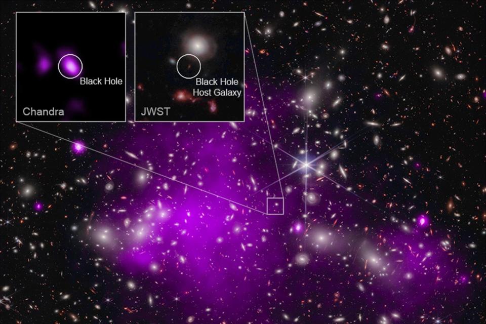 This annotated image provided by NASA shows a composite view of data from NASA’s Chandra X-ray Observatory and James Webb Space Telescope indicating a growing black hole 470 million years after the big bang. It is the oldest black hole yet discovered.