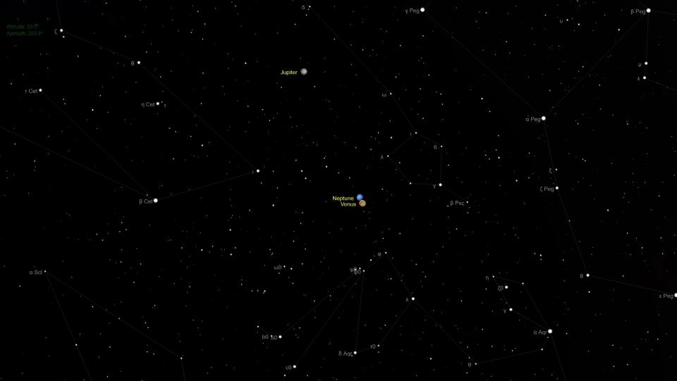 An illustration of the sky on Feb. 14 showing Venus and Neptune making a close approach in the sky.