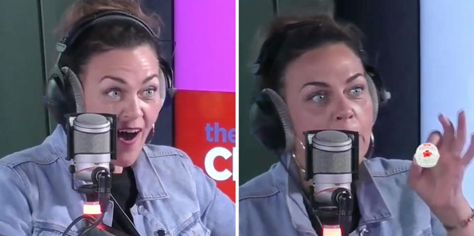 Two images of Chrissie Swan on her radio show talking into a mic