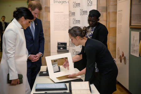 Britain's Prince Harry, Duke of Sussex and Meghan, Duchess of Sussex visit the Natural History Museum in London, Britain, February 12, 2019. Heathcliff O'Malley/Pool via REUTERS