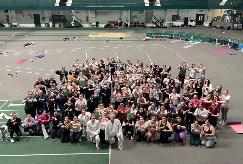 More than 100 Michigan State University students participated in a women’s self-defense seminar taught by Mark Bergmooser, assistant professor of communications and faculty association president at Monroe County Community College.