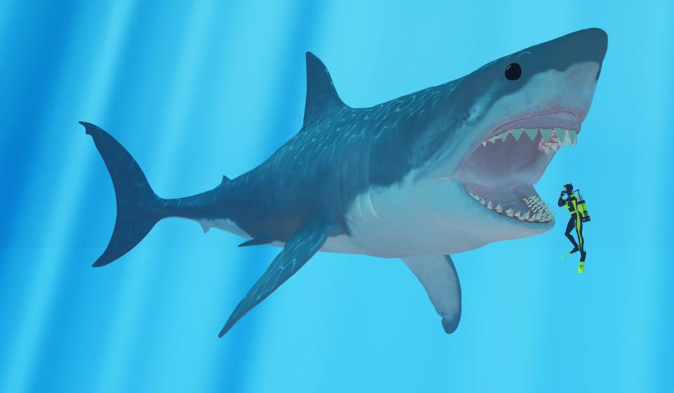 A diver faces a gigantic shark underwater, with the shark's mouth wide open, seemingly ready to attack