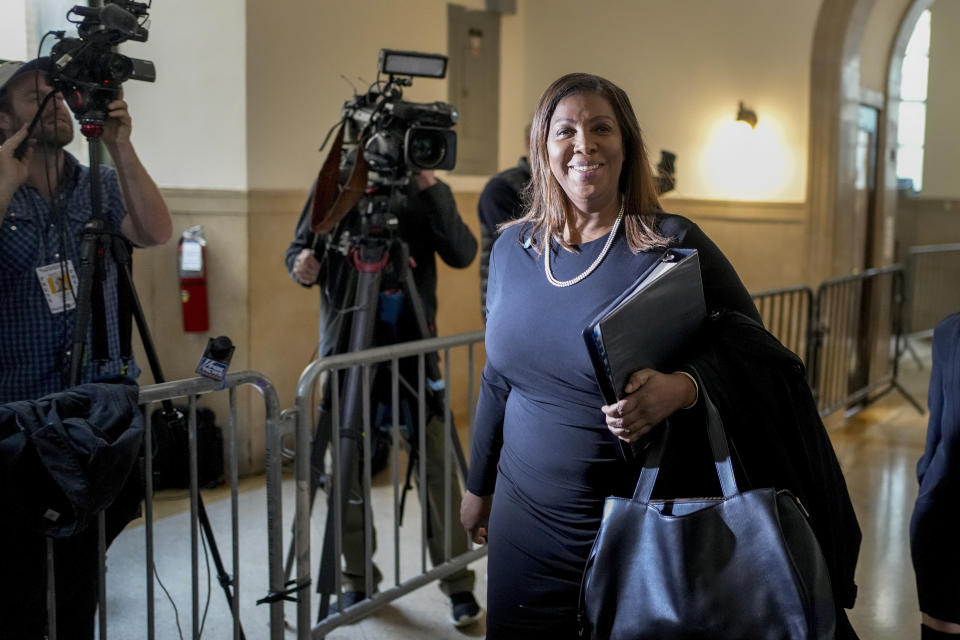 New York Attorney General Letitia James arrives at New York Supreme Court, Tuesday, Oct. 10, 2023, in New York. Donald Trump’s longtime finance chief is set to testify as the former president’s civil trial enters its second week. (AP Photo/Seth Wenig)