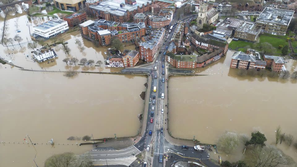 Worcester city, England, flooded by the River Severn, following heavy rainfall on January 4, 2024. - David Davies/Press Association/AP