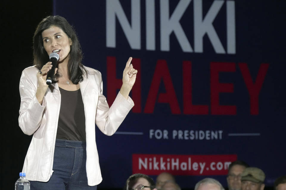 Former South Carolina Gov. Nikki Haley, a candidate for the 2024 Republican presidential nomination, speaks during a campaign rally on Monday, March 13, 2023, in Myrtle Beach, S.C. (AP Photo/Meg Kinnard)