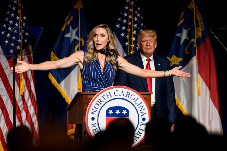 Laura Trump speaks at the NCGOP state convention alongside U.S. President Donald Trump on June 5, 2021, in Greenville, North Carolina.<span class="copyright">Melissa Sue Gerrits—Getty Images</span>