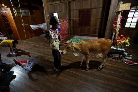 Khim Hang, 74, stands in her house with a cow which she believes is her reborn husband in Kratie province, Cambodia, July 18, 2017. REUTERS/Samrang Pring