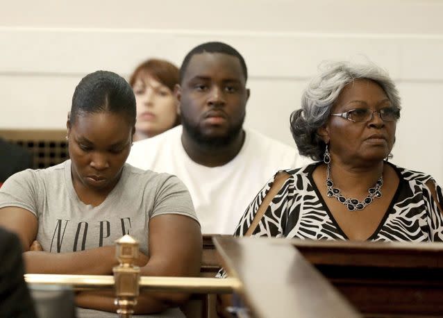 Audrey DuBose, right, mother of Sam DuBose, looks at the jury as Hamilton County Common Pleas Judge Leslie Ghiz declares a mistrial in the retrial of Ray Tensing Friday. Source: AP