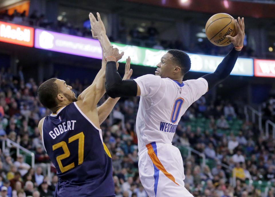 The unstoppable Russell Westbrook and immovable Rudy Gobert will collide in the first round. (AP)