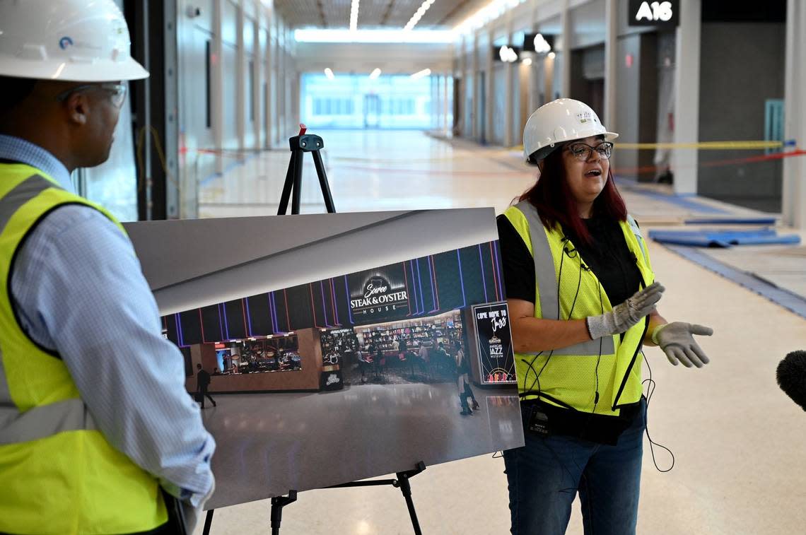 Construction on the new Kansas City International Airport continues and is about 90 percent complete. The airport is slated to open in March of 2023 and feature 39 gates. Anita Moore, chef at Soiree Steak & Oyster House in the Jazz District, talks about her new location at the new KCI.