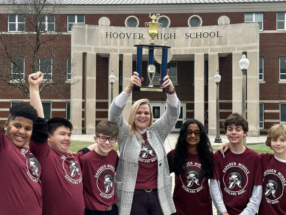 Members of Gadsden Middle School's Scholars Bowl team are pictured after placing third in the state competition Feb. 25 at Hoover High School. From left are Gray Stephens, Andrew Nguyen, Hudson Ellis, sponsor Sue Bliss, Latika Prasadh, William Edwards and Lowndes Robinson.